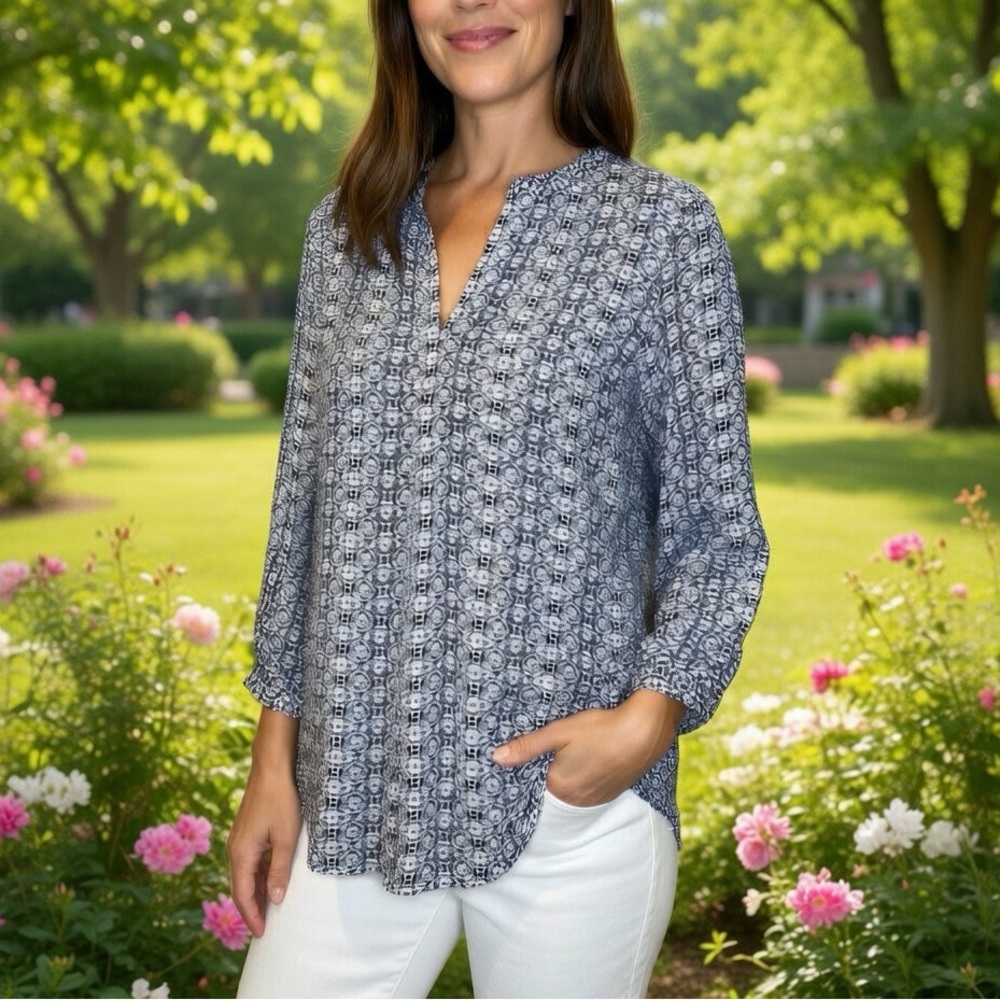 Rose & Thyme Popover Tunic Top Navy Blue White Geo Print Circles Wheels 3/4 Slvs